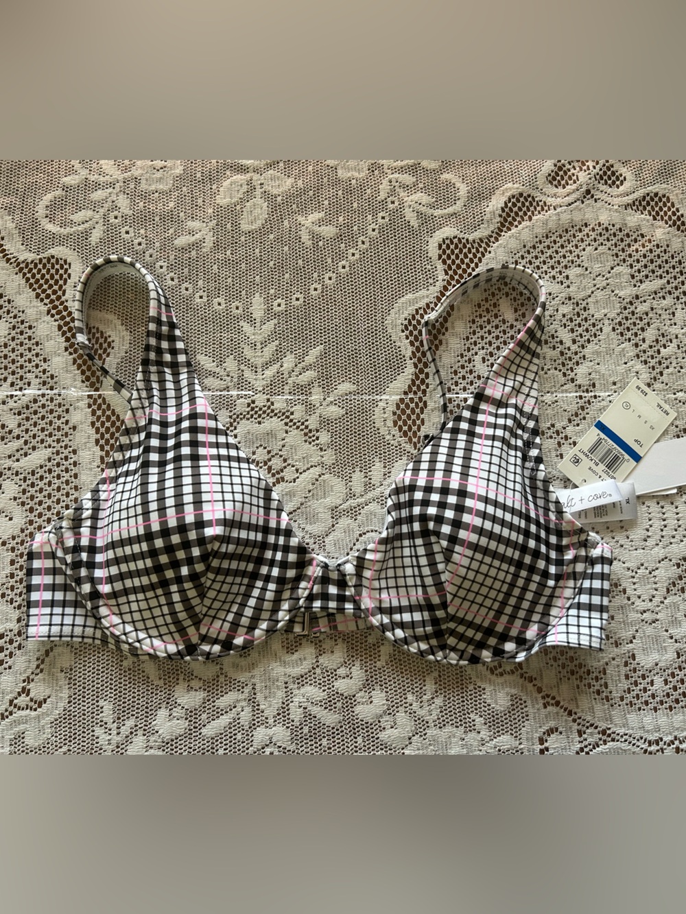 Salt + Cove Black, White & Pink Plaid Strapless Bikini Top XL